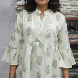 Off-White Peplum kurti with Teal and Gold Print