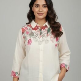 Chic Off-White Floral Yoke Button-Up Shirt
