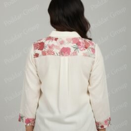 Chic Off-White Floral Yoke Button-Up Shirt