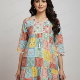 Bohemian Square Print Babydoll Top with Pom-Pom Hem