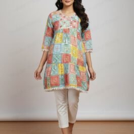 Bohemian Square Print Babydoll Top with Pom-Pom Hem