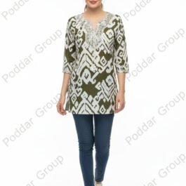 Chic Olive Green & White Ikat Print Tunic