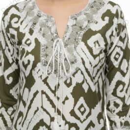 Chic Olive Green & White Ikat Print Tunic