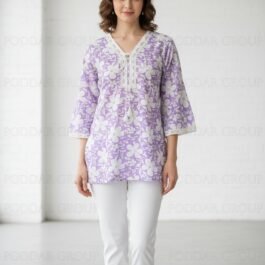 White Floral Printed Kurti with Tassel Tie Closure