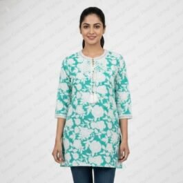 Vibrant Turquoise Floral Print Kurti with Lace Yoke