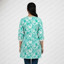 Vibrant Turquoise Floral Print Kurti with Lace Yoke