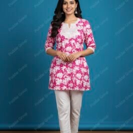 Vibrant Magenta Floral Print Tunic with Crochet Yoke