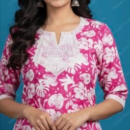 Vibrant Magenta Floral Print Tunic with Crochet Yoke