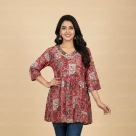 Vibrant Red Patchwork Print Peplum Tunic