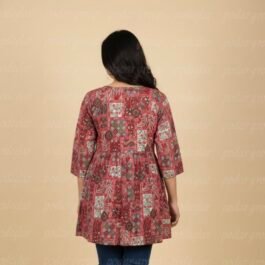 Vibrant Red Patchwork Print Peplum Tunic