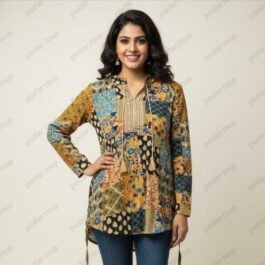 Bohemian Patchwork Print Tunic with Embroidered Yoke