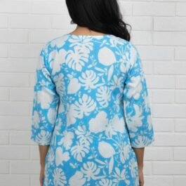 Chic White & Aqua Floral Kurti with Tassel Tie Neckline