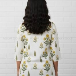 Elegant V-Neck Kurti with Block Print and Lace Detail