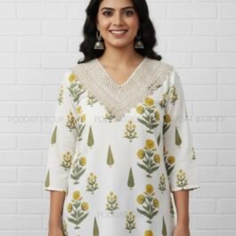Elegant V-Neck Kurti with Block Print and Lace Detail