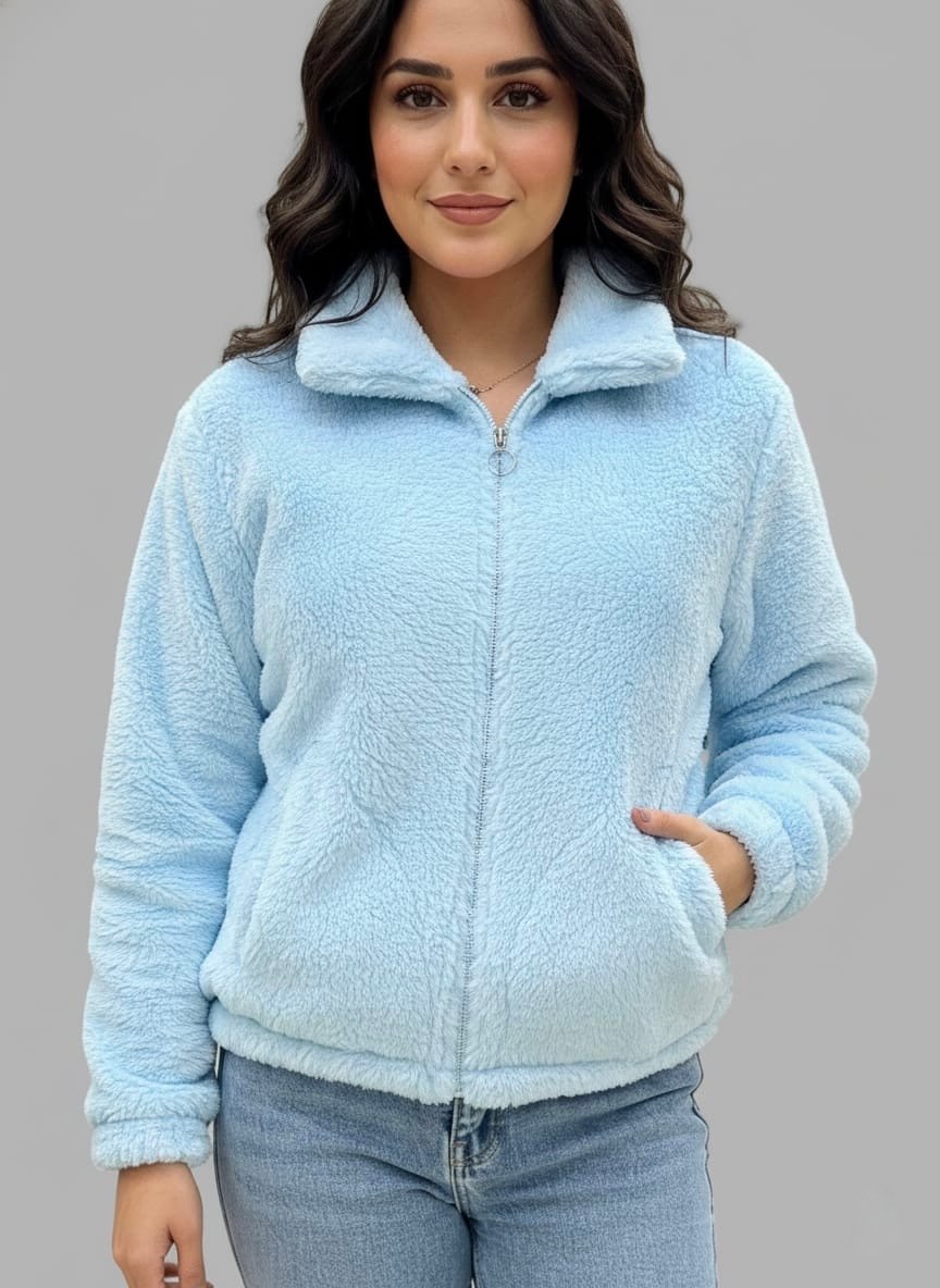 Soft fur zip-up Girl Jacket - Blue - Image 3